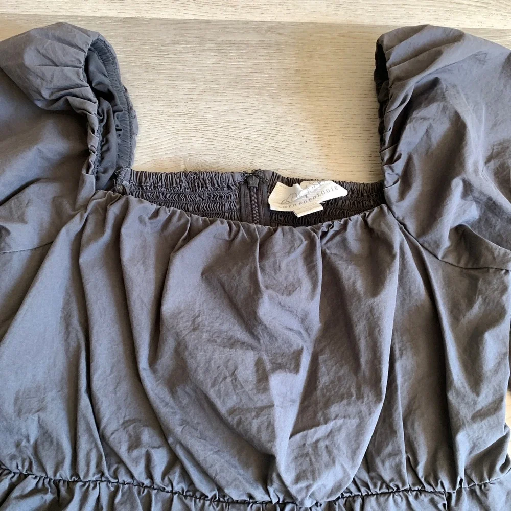 Anthropologie Maree Puff Sleeve Romper Charcoal Grey Smocked Back Square‎ Neck S